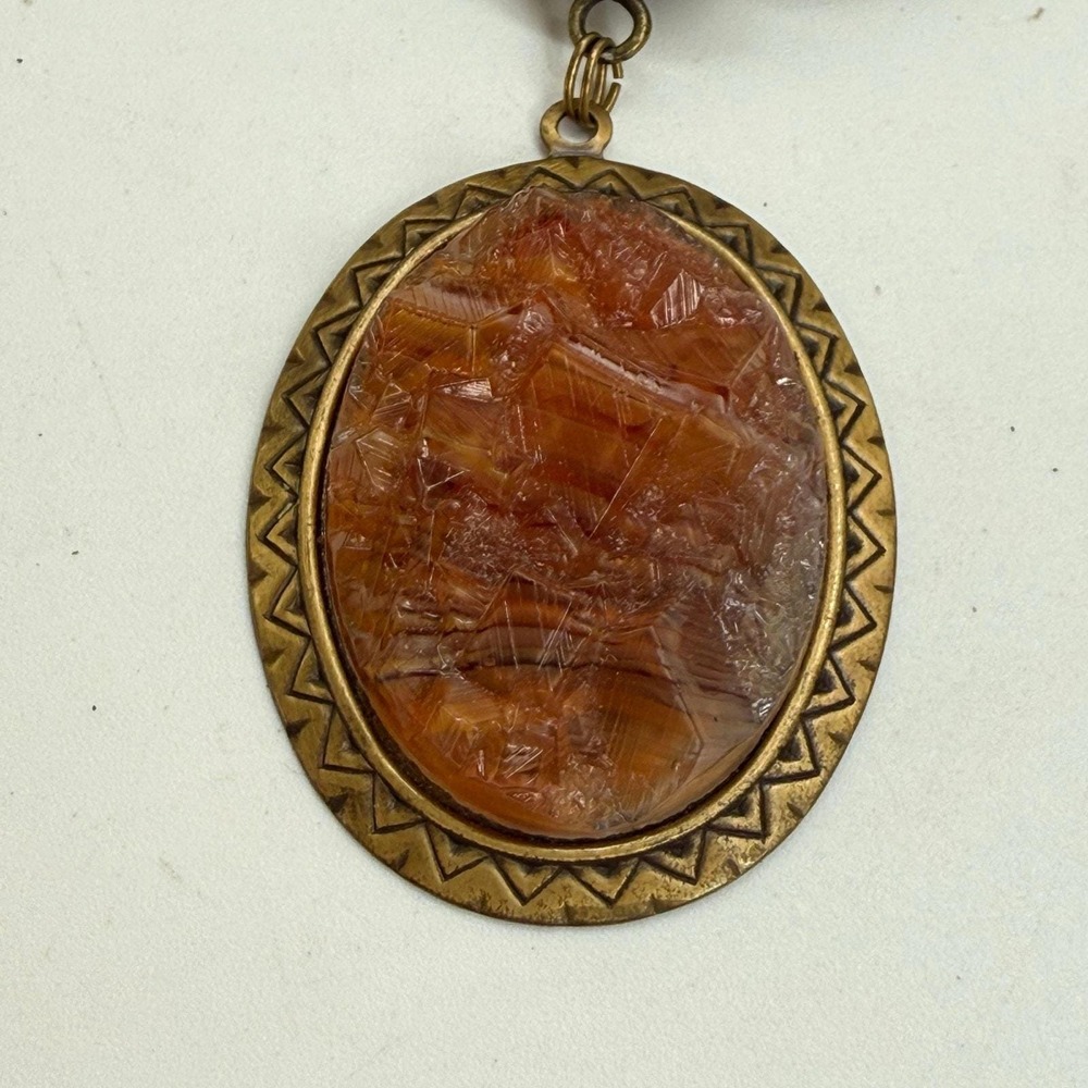 Unique Bronze Multi Snake Chain Orange Acrylic Pendant Necklace Unknown Maker - Picture 9 of 16